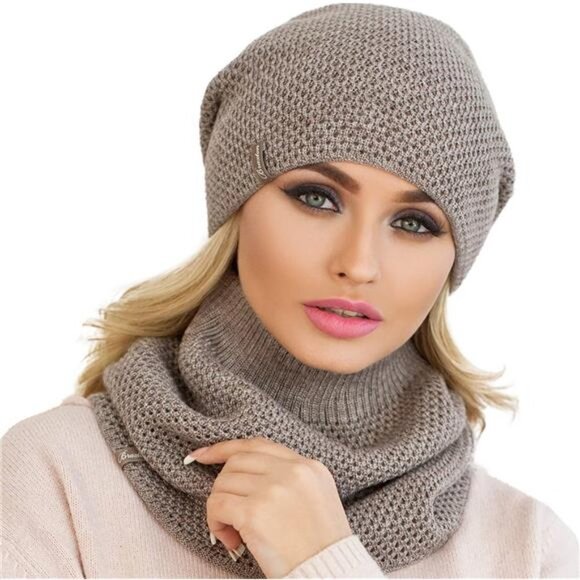 Women\'s Hat and Scarf Set Knit Winter Plain Beanie Neck Warmer, Dark Coffee